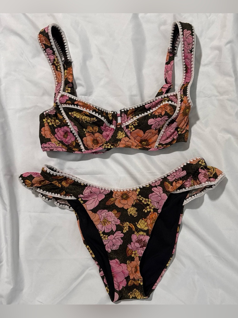 Victoria's Secret Black Floral Bikini Set with Pink & Orange Flowers